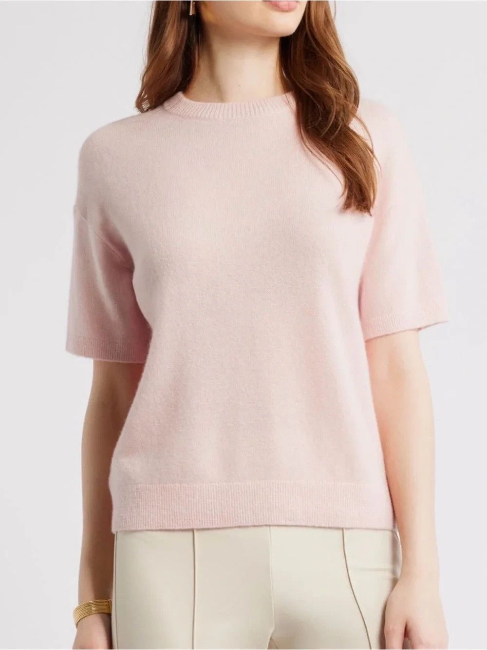 NEW Nordstrom Short Sleeve 100% Cashmere Sweater in Light Pink Size XL